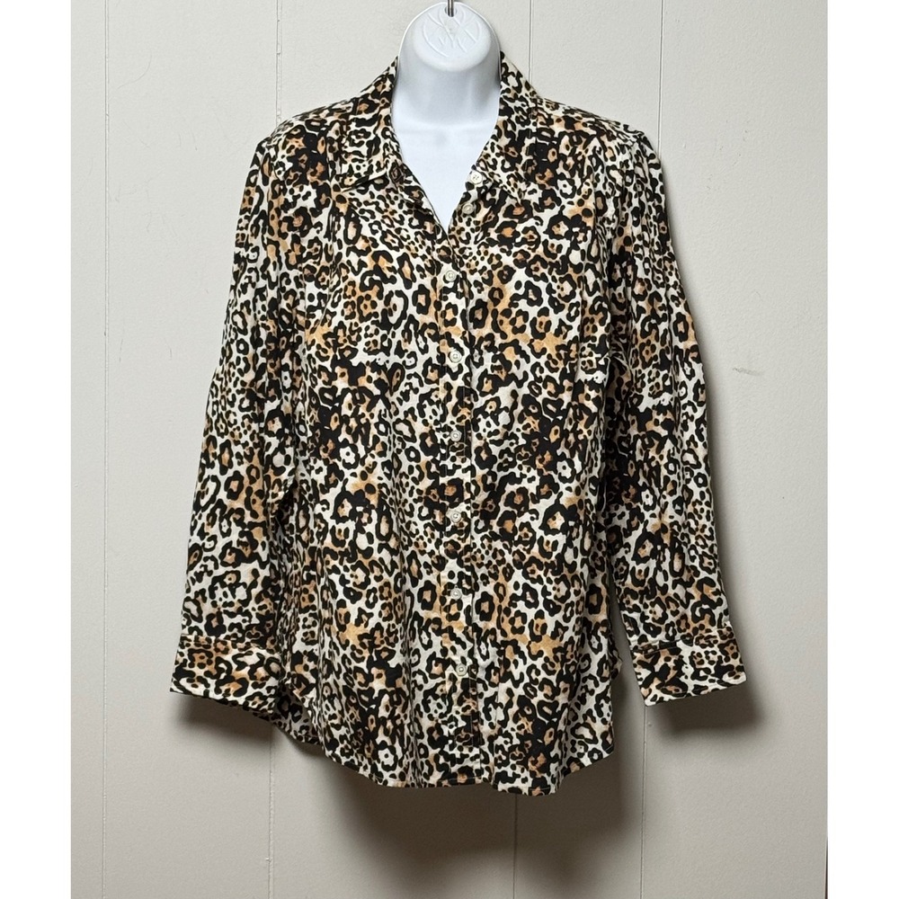 Talbots Plus Leopard Animal Print Cotton Button Down Shirt Blouse Tan Size 1X